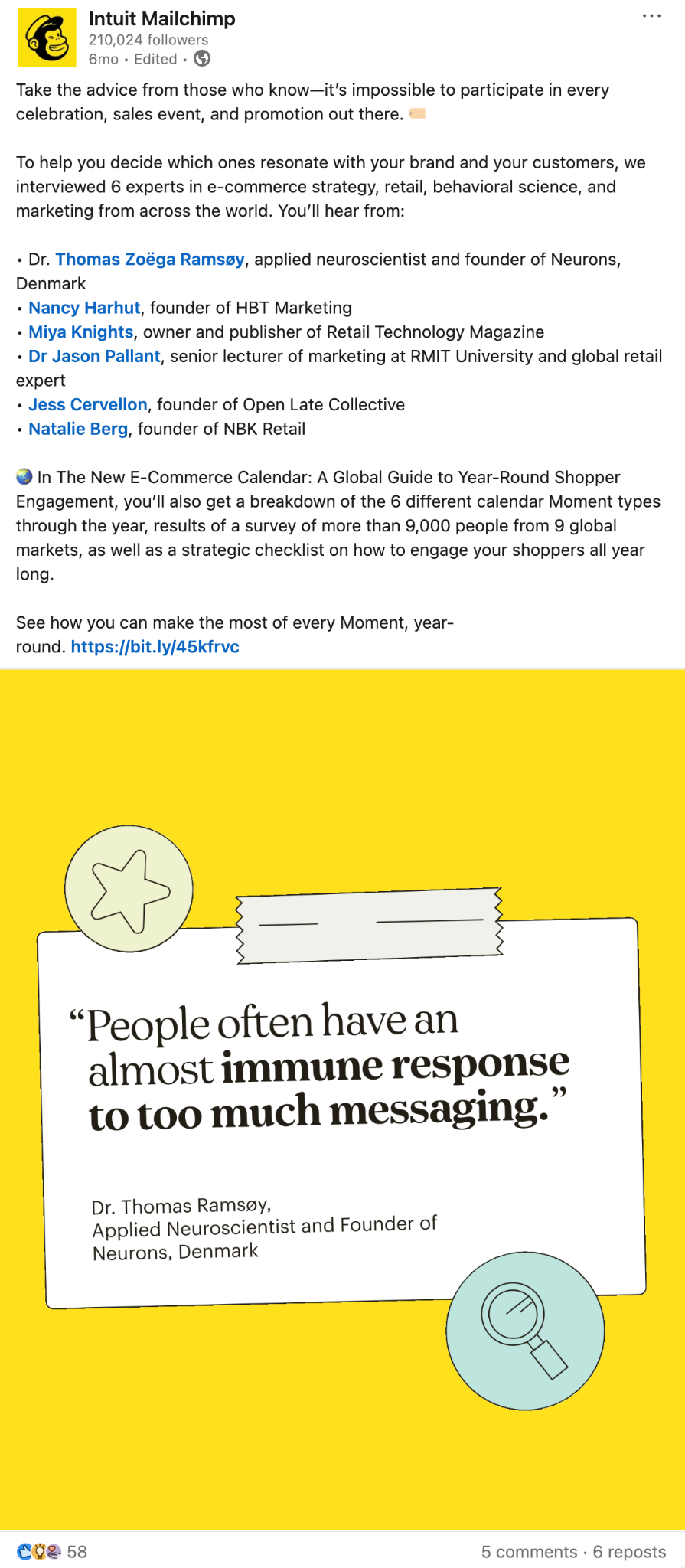 A Mailchimp social media post listing six experts interviewed for their e-commerce calendar guide. It features a pull-out quote that reads: "People often have an almost immune response to too much messaging."