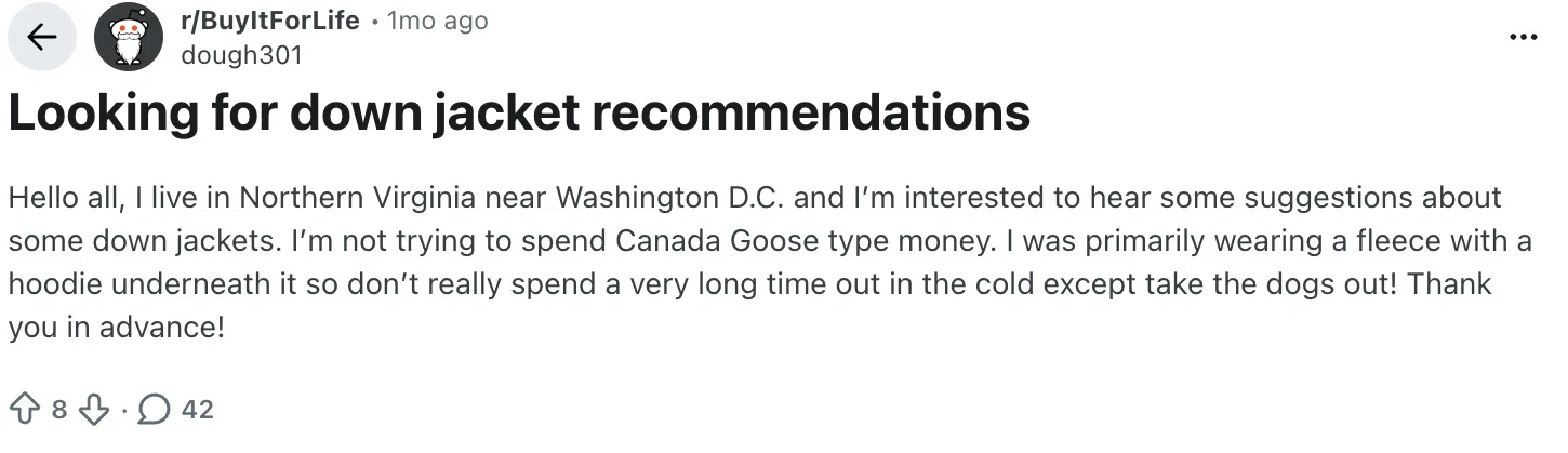 A Reddit post in the r/BuyItForLife community asking for down jacket recommendations that are more affordable than Canada Goose.