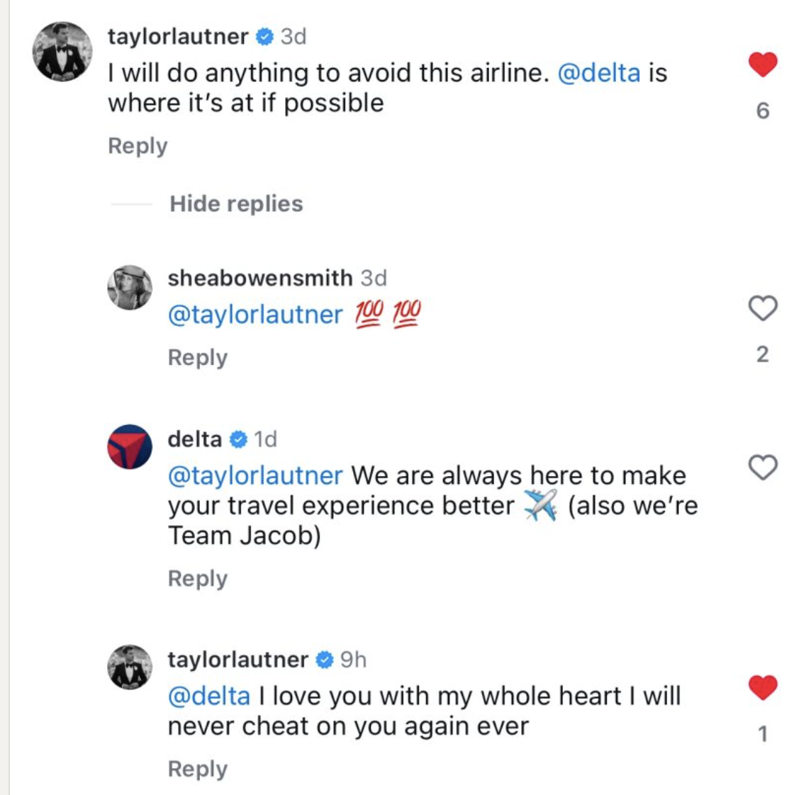 A Twitter thread showing actor Taylor Lautner's complaint about an airline, followed by Delta's playful, pop-culture-referencing reply, and Lautner's positive response.