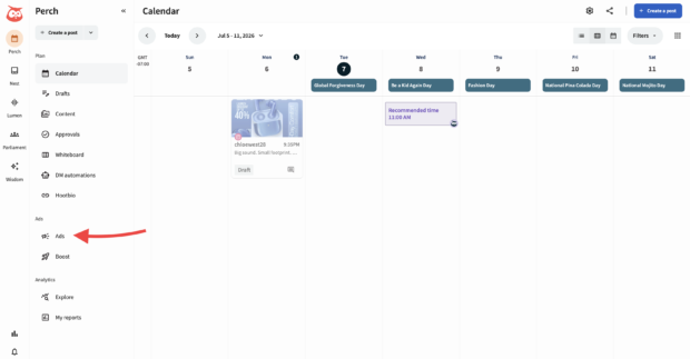 Perch dashboard with arrow pointing to Ads link