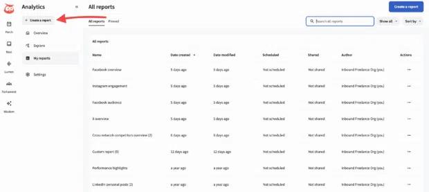 Perch report builder with arrow pointing to "Create a report"