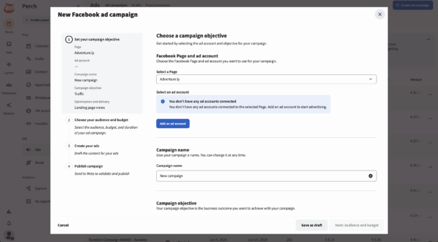 Perch by Hootsuite ad campaign setup showing campaign objective options.