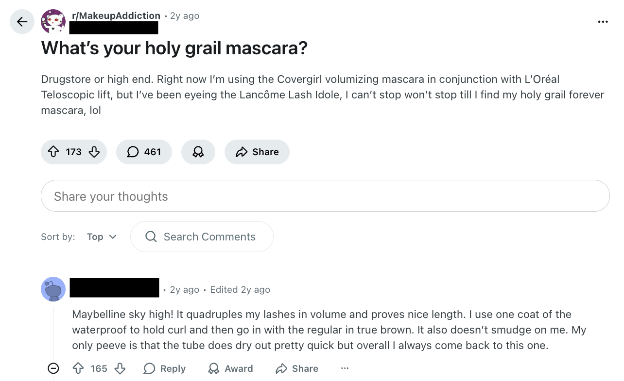 reddit  discussion on r/MakeupAddiction about a "holy grail mascara," featuring a comment recommending Maybelline Sky High.