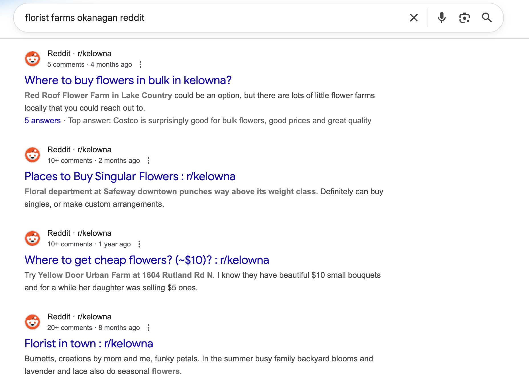 Google search results showing multiple  reddit  threads from r/kelowna discussing where to buy flowers in bulk and cheap flowers in the Okanagan region.