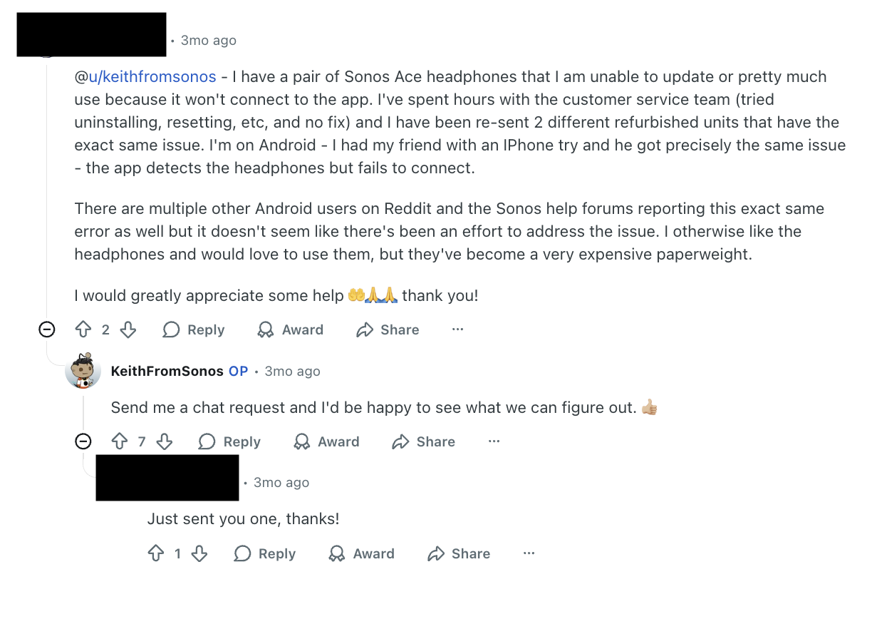 reddit  thread where a user is reporting an issue with Sonos Ace headphones not connecting to the app and receiving a customer service reply from the official KeithFromSonos  reddit  account.