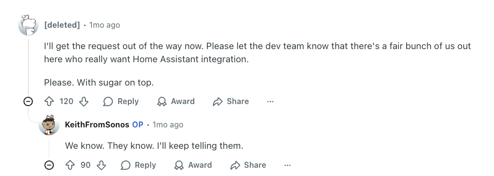 reddit  thread featuring a user request for Home Assistant integration and the official KeithFromSonos  reddit  account responding to confirm they are aware of the request.