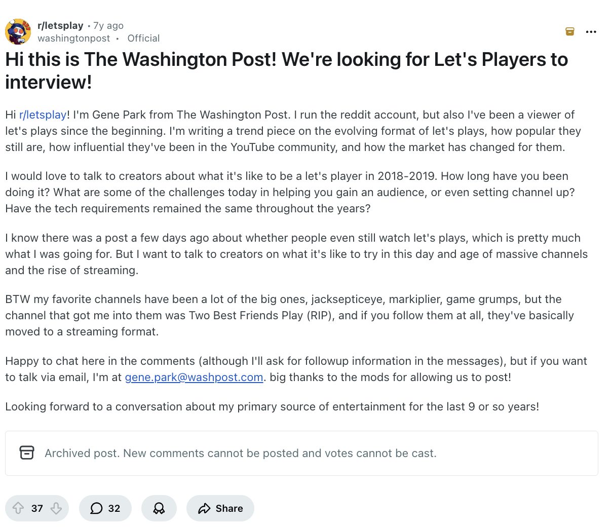 Archived  reddit  post on r/letsplay where The Washington Post official account is looking to interview creators for a trend piece on the evolving format of let's plays.