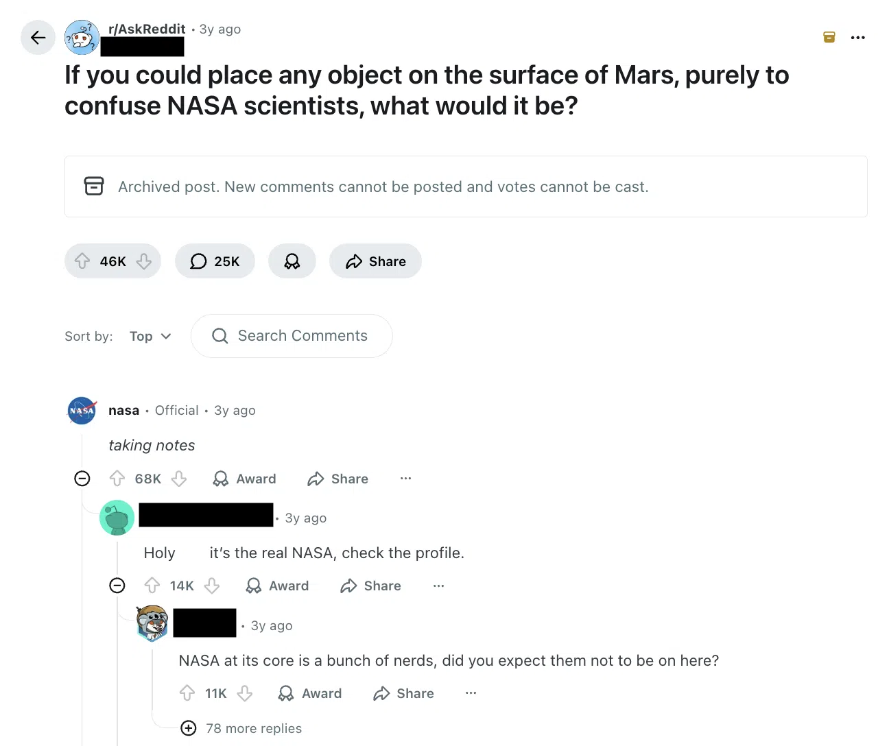 reddit  thread on r/AskReddit asking a hypothetical question, with the official NASA  reddit  account commenting "taking notes."