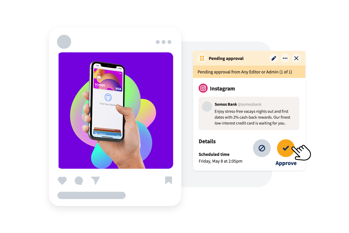 A mobile screen showing an Instagram post from Somos Bank pending approval, highlighting the content pre-approval features of social media compliance tools.