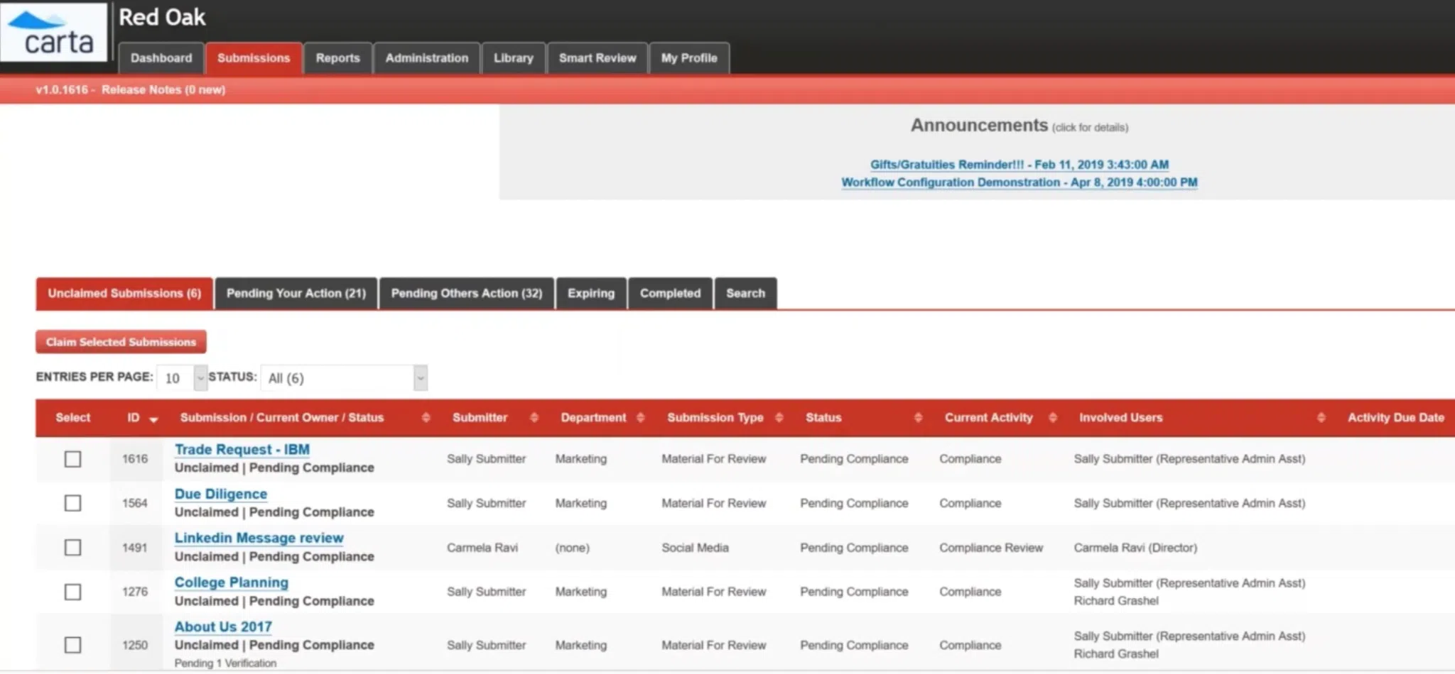 A Red Oak compliance dashboard displaying a table of unclaimed submissions pending compliance review, including a LinkedIn message review, demonstrating the workflow management in social media compliance tools.