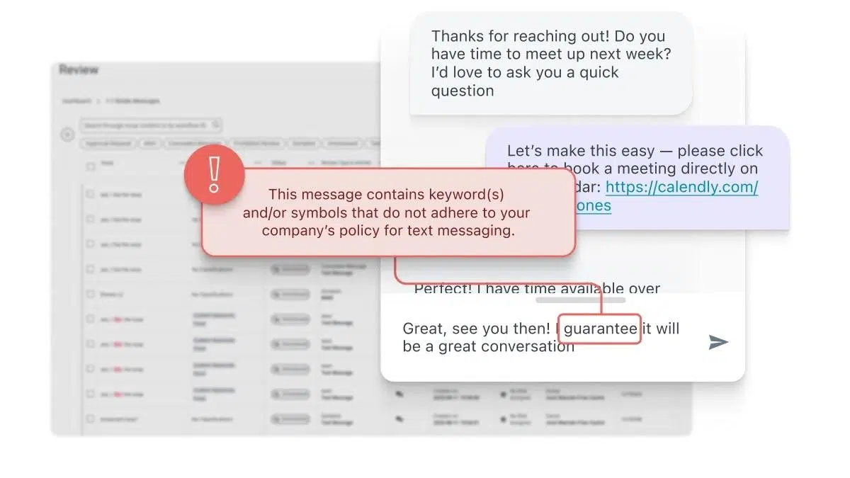 Text message conversation with a compliance alert stating the message violates company policy due to keywords or symbols, showing the real-time monitoring and filtering capability of social media compliance tools.