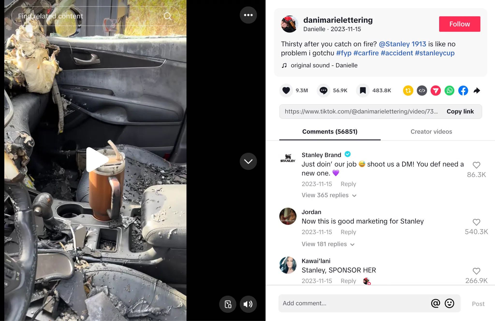 A strong example of effective social media leadership skills, showing a TikTok post by user @danimarielettering with a burned car interior where a Stanley cup remains intact, and the official Stanley Brand account's immediate and supportive response to the situation.