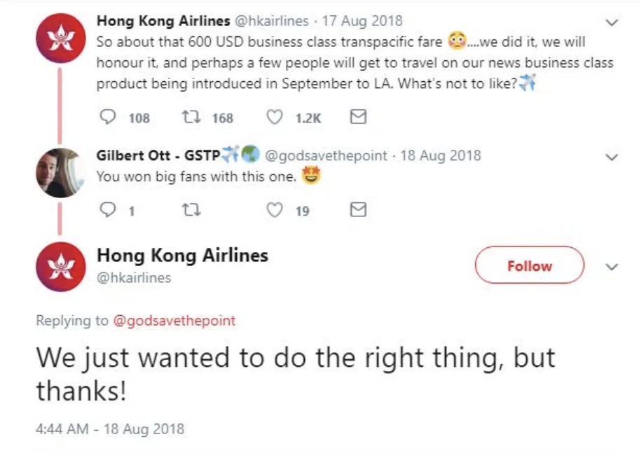Twitter conversation with Hong Kong Airlines honoring a mistake fare and stating they "just wanted to do the right thing," demonstrating a public decision aligned with internal policies for brand safety and customer relations.