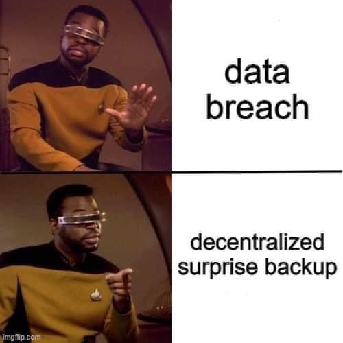 A Star Trek-themed "Drake meme" image contrasting a "data breach" (disapproving) with "decentralized surprise backup" (approving), which relates to internal policies for brand safety and data security.