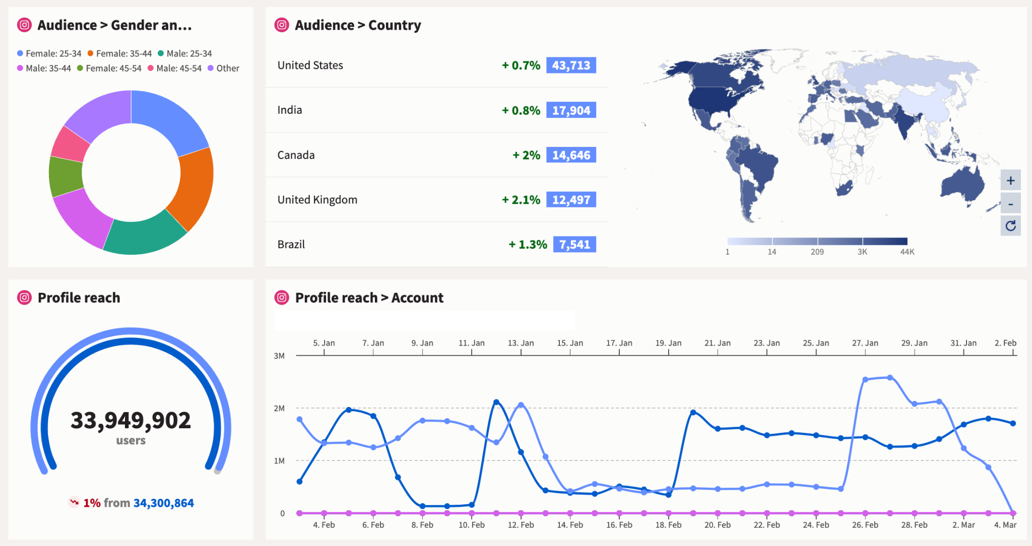 Audience demographics and profile reach dashboard, showing audience breakdown by gender/age and country (United States, India, Canada, United Kingdom, Brazil), which informs targeting for an effective enterprise social media strategy.