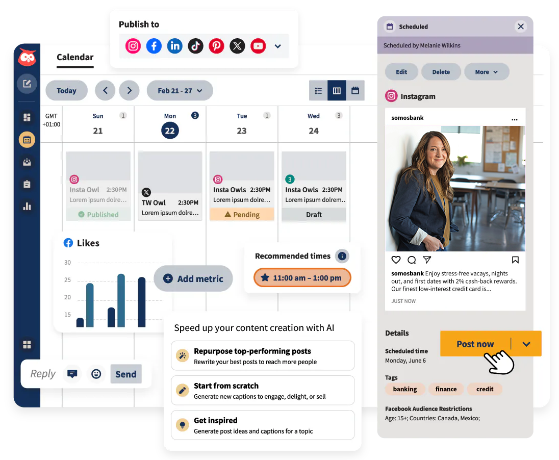 A detailed view of the Hootsuite dashboard featuring an interactive content calendar, a social media post preview with a "Post now" button, and an AI content creation tool offering options to repurpose top-performing posts or start from scratch.