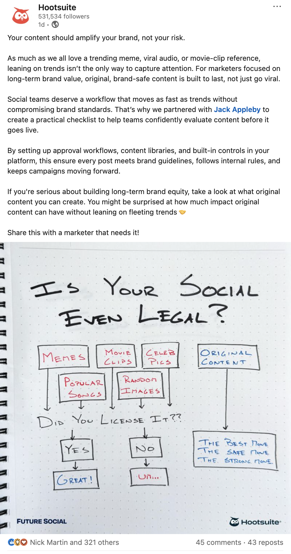 Hootsuite post graphic on creating original, brand-safe content, featuring a flowchart checklist asking "IS YOUR SOCIAL EVEN LEGAL?" to ensure compliance and reduce risk while scaling social media content.
