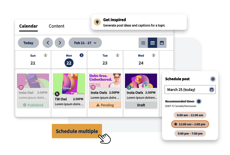 A Calendar Content view showing post scheduling with recommended times (9:00 am-11:00 am, 11:00 am-1:00 pm, 5:00 pm - 7:00 pm) and a "Get inspired" prompt for generating post ideas, showcasing tools for efficient content production and scheduling while scaling social media content.