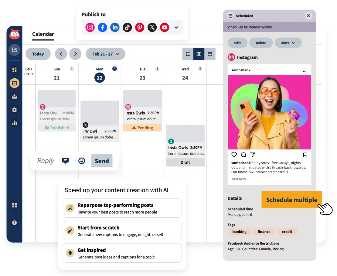 A social media calendar showing scheduled and draft posts, an Instagram post preview for "somosbank," and AI tools to speed up content creation, illustrating effective scheduling and planning for scaling social media content.
