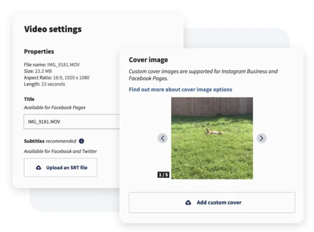Screenshot of LinkedIn video settings with SRT upload option]