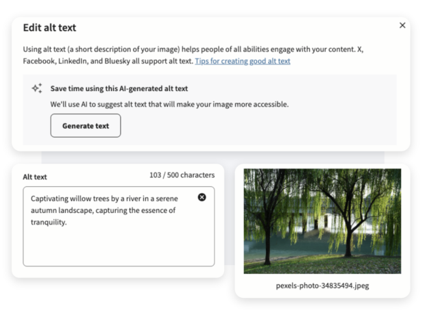 [screenshot — alt text: Screenshot of Instagram alt text editor in Hootsuite
