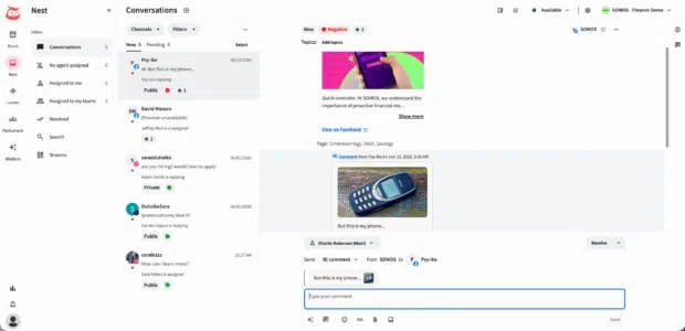 Nest by Hootsuite inbox view showing social customer care conversations and response-time tracking