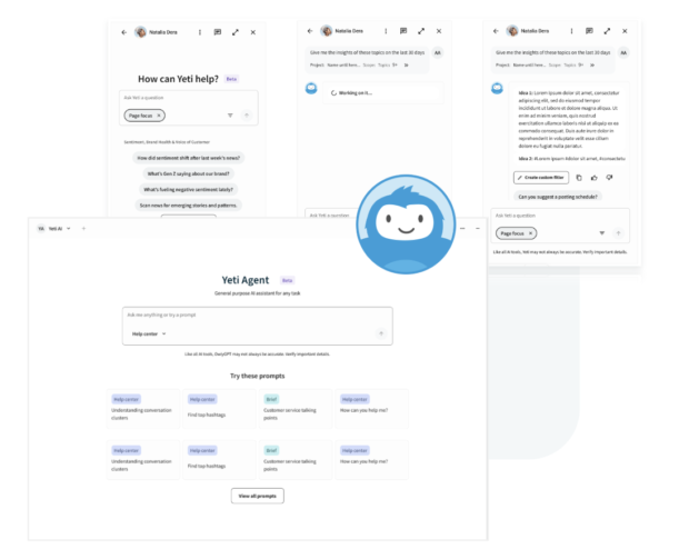 Screenshot of Yeti Agent interface showing insights and prompts
