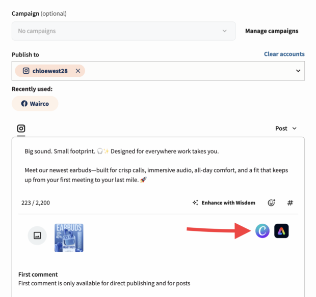 Perch's post composer view with an arrow pointing to the canva and adobe express buttons