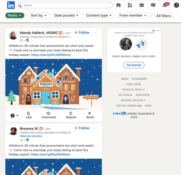 Employee advocacy posts for Athletico increase reach by 40%
