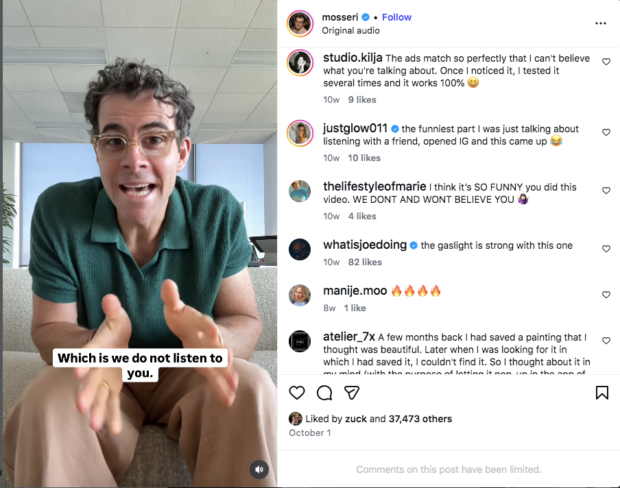 Comments show user skepticism about Mosseri’s claim that Instagram doesn’t listen through their phones