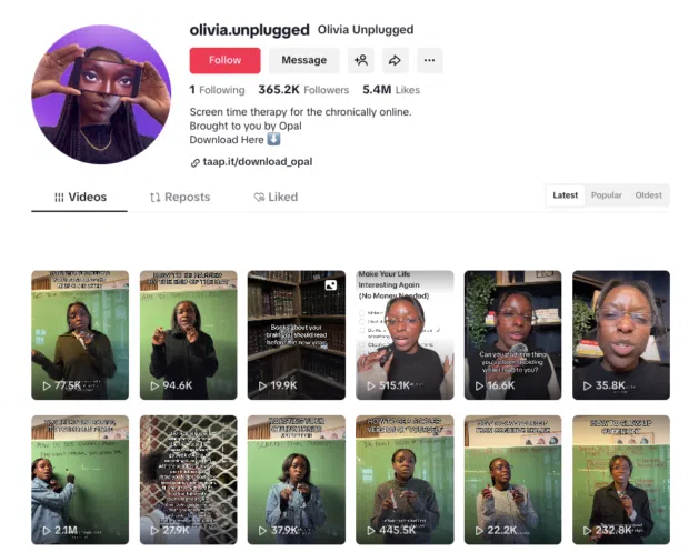 Olivia Unplugged is a creator-led brand account for the Opal app