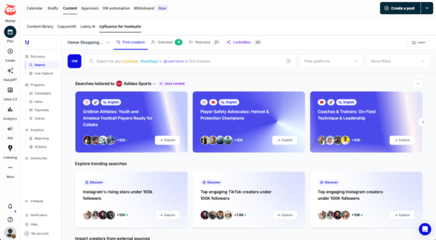 Screenshot of Upfluence influencer management tools inside Hootsuite