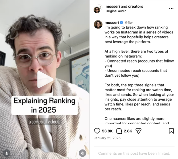 reel of adam mosseri explaining algorithm ranking