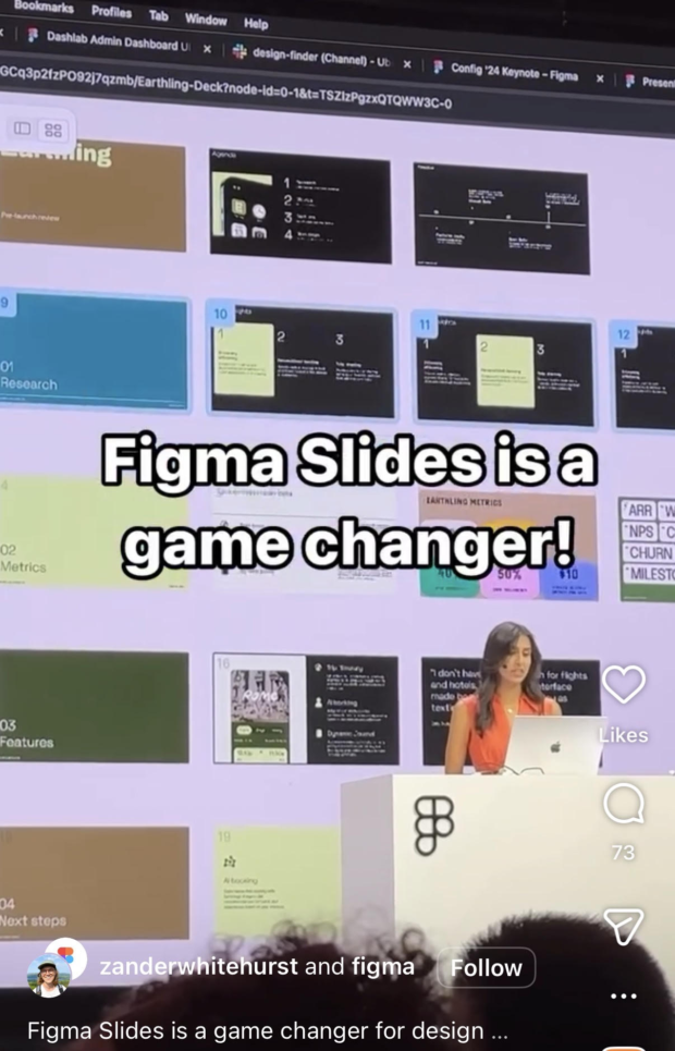 An Instagram Reel from a Figma user expressing excitement for Figma Slides