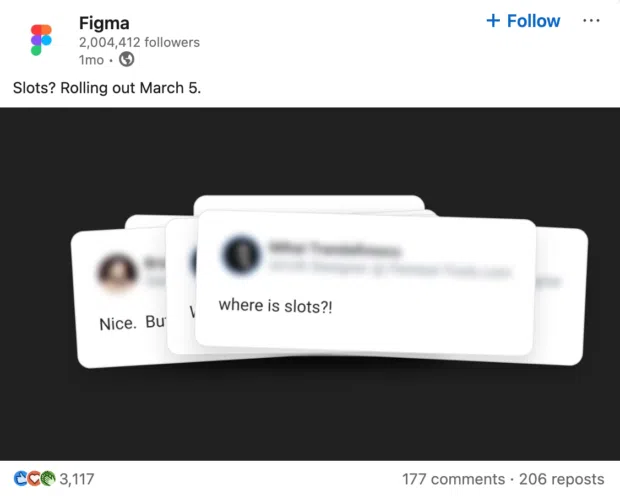 A LinkedIn post from Figma teasing a new featured called Slots