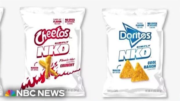 Screenshot from an NBC News segment showing two white product bags side by side: Cheetos Simply NKD Flamin' Hot Crunchy and Doritos Simply NKD Cool Ranch, both labeled "No Dyes or Artificial Flavors" and "Naked of Dyes."