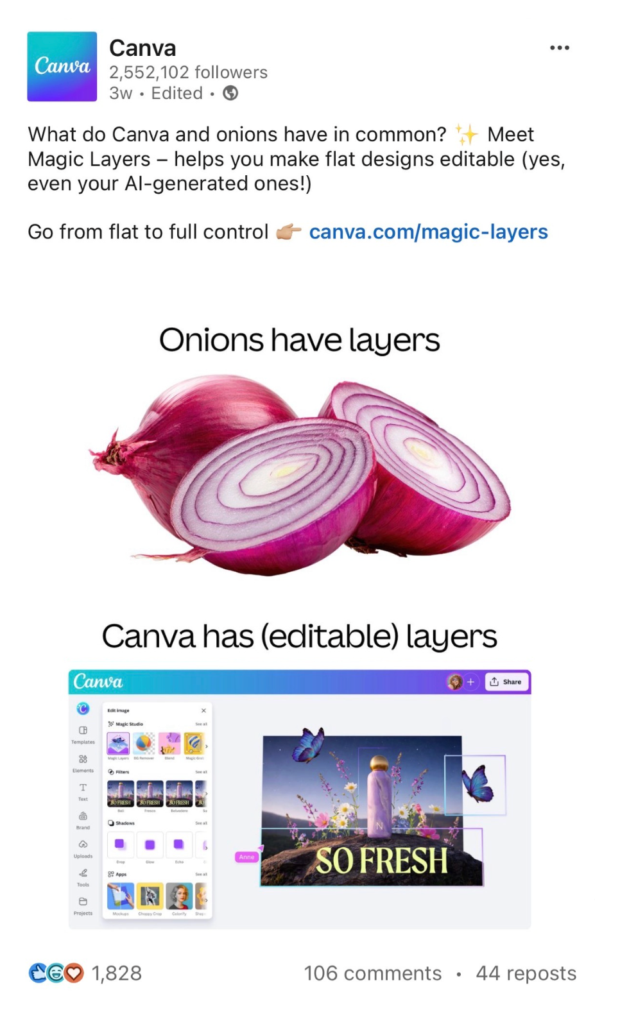 Canva LinkedIn post that demonstrates it's entertainment-focused brand tone