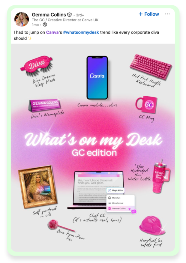 A LinkedIn post from Gemma Collins, jumping on Canva's #WhatsOnMyDesk trend