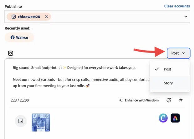 Perch post editor with an arrow pointing to the Story drop down