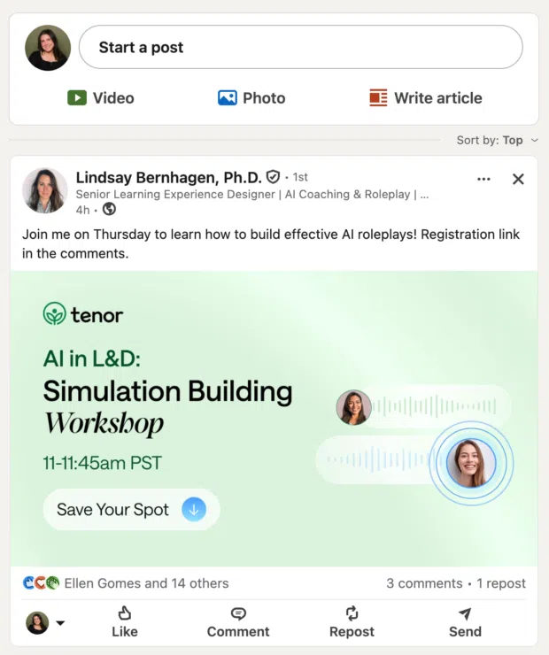 A LinkedIn feed showing a post sorted by "Top" at the top right
