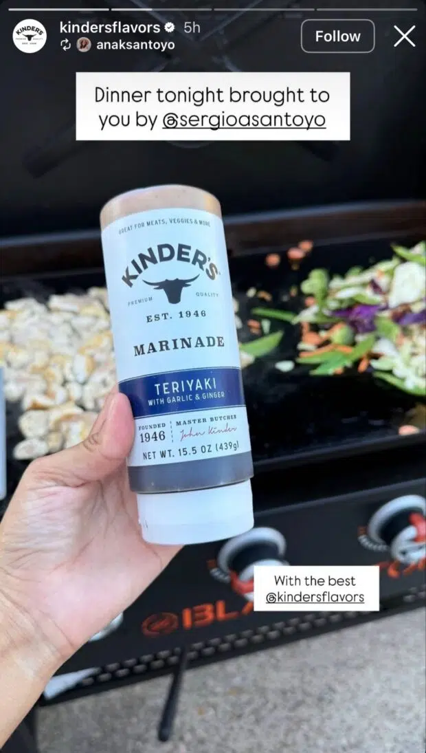 Kinder reposting a customer Instagram Story