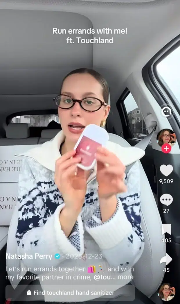 A TikTok creator promotes Touchland hand sanitizer during an errands video
