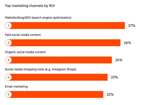 Bar chart showing the top marketing channels by ROI, with website/blog/SEO as the top spot
