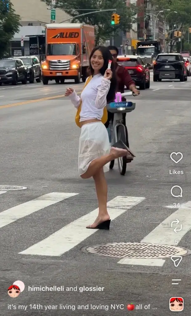 An Instagram collab post between Glossier and an influencer