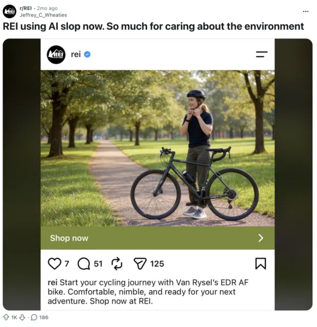 Reddit post accusing REI of using AI imagery