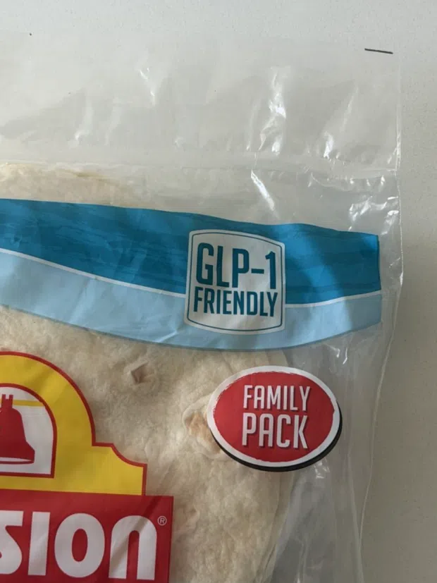 A package of Mission tortillas displaying a “GLP-1 Friendly” label