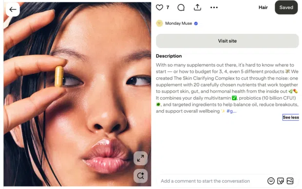 A Monday Muse Pinterest post showing a woman holding a supplement capsule