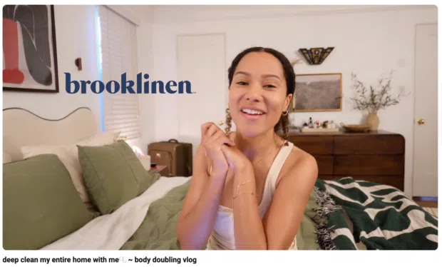 A YouTube creator promoting Brooklinen during a home cleaning vlog