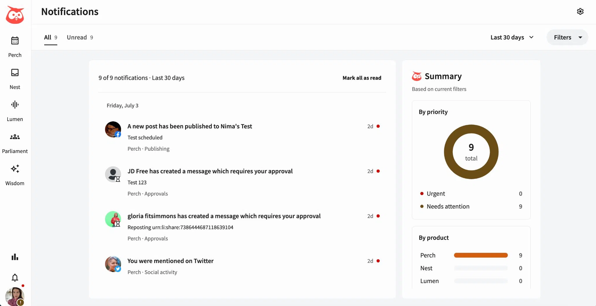 The panel view sorts notifications by priority and by product at a glance.