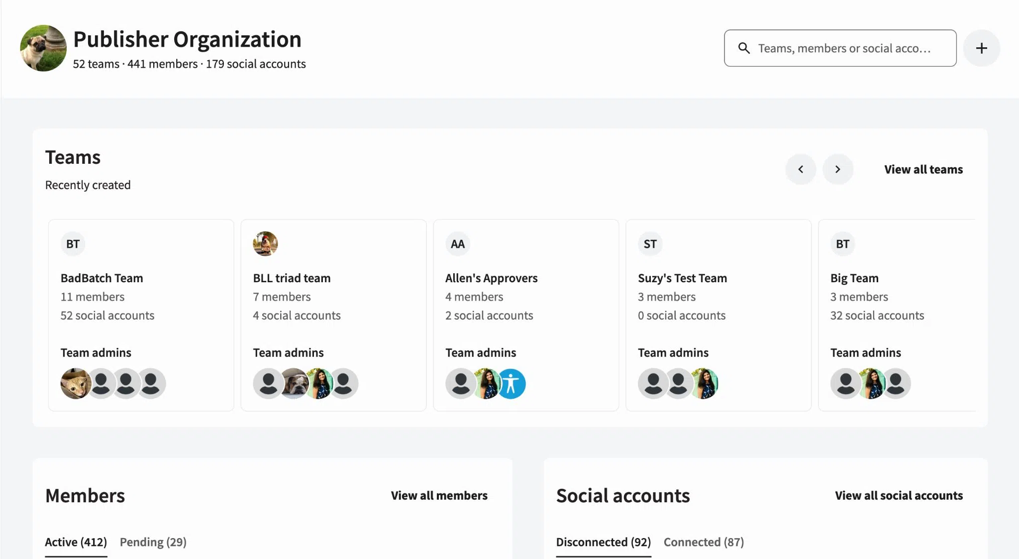 See org-level teams, members, and social accounts together in one admin view.